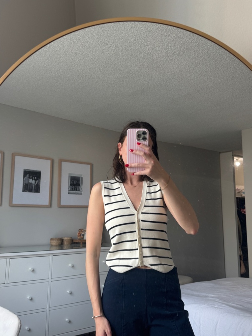 Zara Cream and Black Striped Sleeveless V-Neck Tank